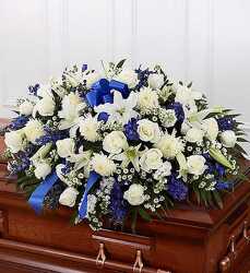 Blue & White Mixed Half Casket Cover from Flowers by Ramon of Lawton, OK